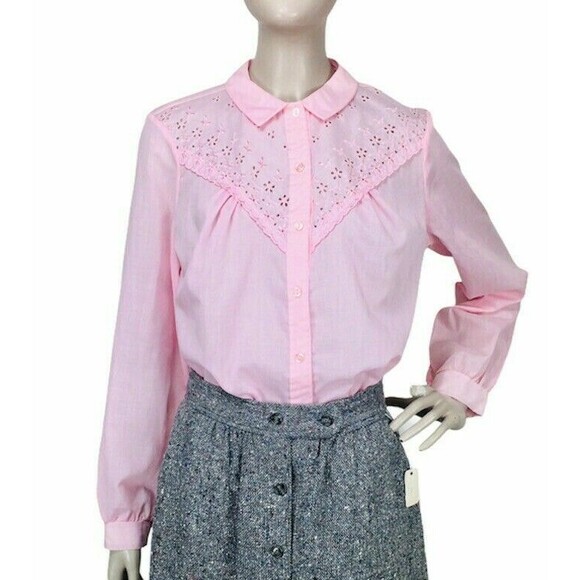 Vintage 60s 70s Pleated Pink Eyelet Yoke Prairie Cottagecore Boho Western Blouse - Picture 2 of 9